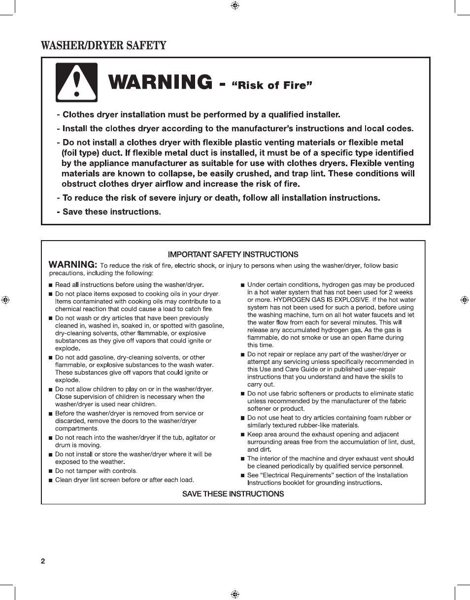 Washer/dryer safety | Whirlpool LTE5243DQ User Manual | Page 2 / 24