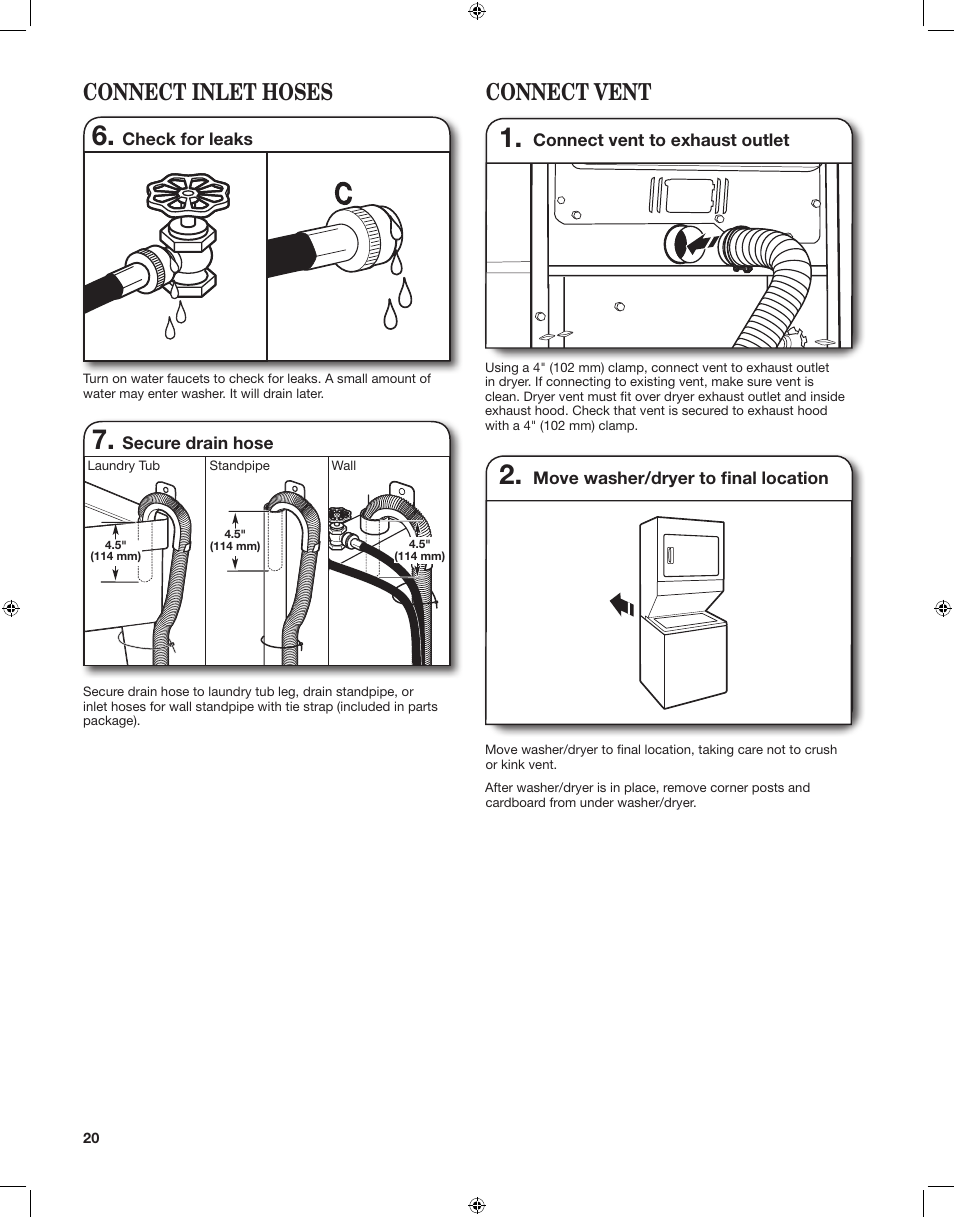 Connect vent, Connect inlet hoses, Check for leaks | Secure drain hose, Connect vent to exhaust outlet, Move washer/dryer to final location | Whirlpool LTE5243DQ User Manual | Page 20 / 24