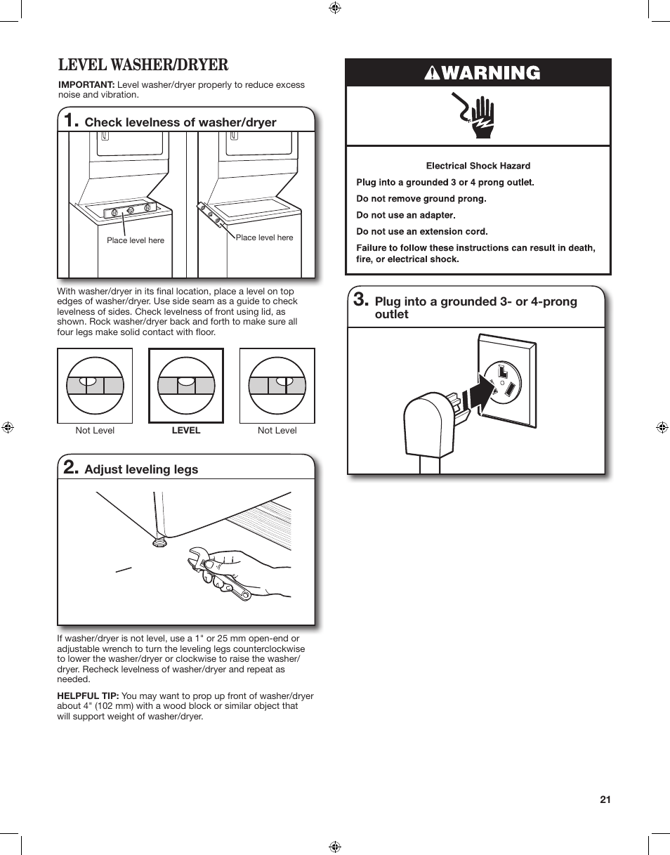 Level washer/dryer | Whirlpool LTE5243DQ User Manual | Page 21 / 24