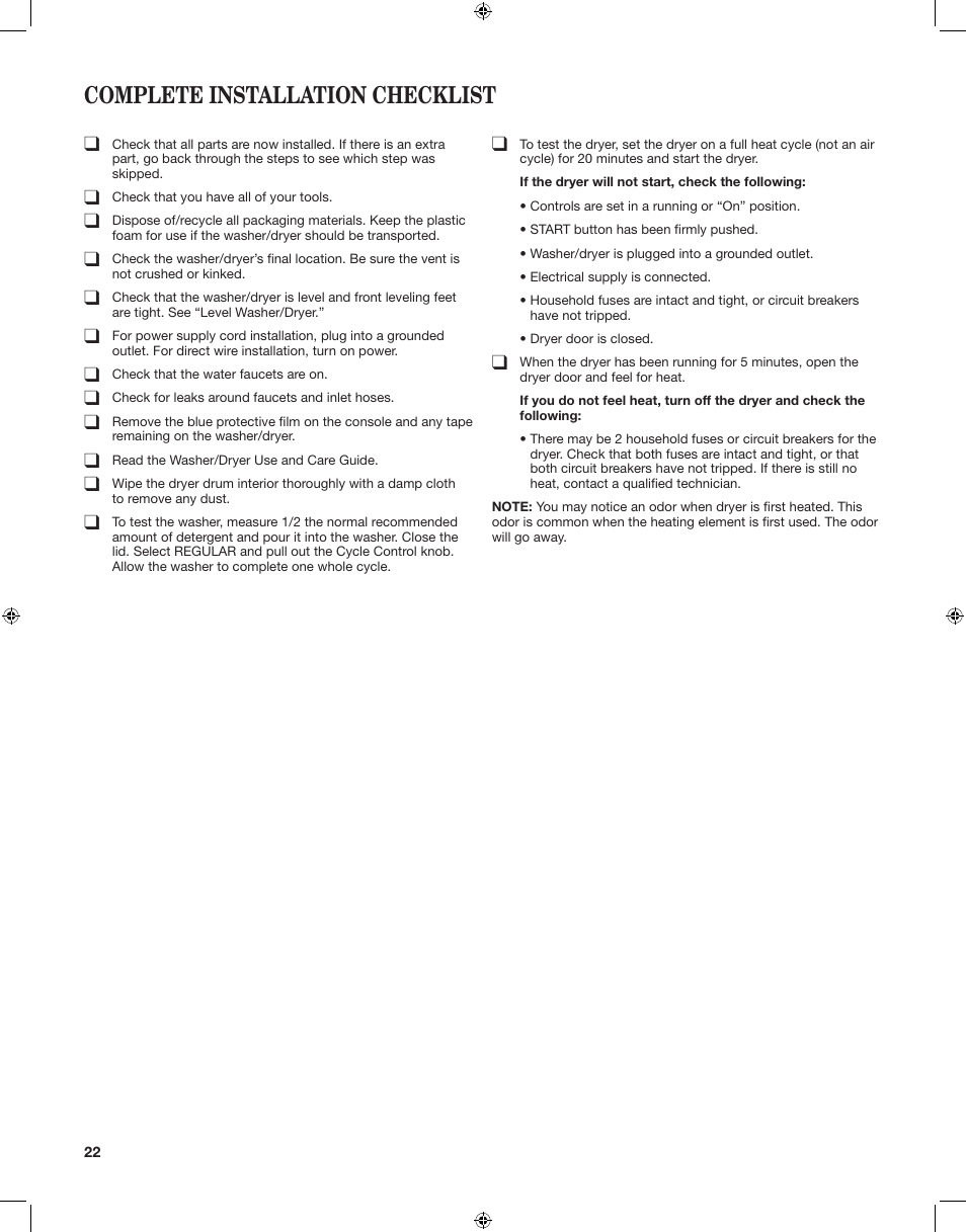 Complete installation checklist | Whirlpool LTE5243DQ User Manual | Page 22 / 24