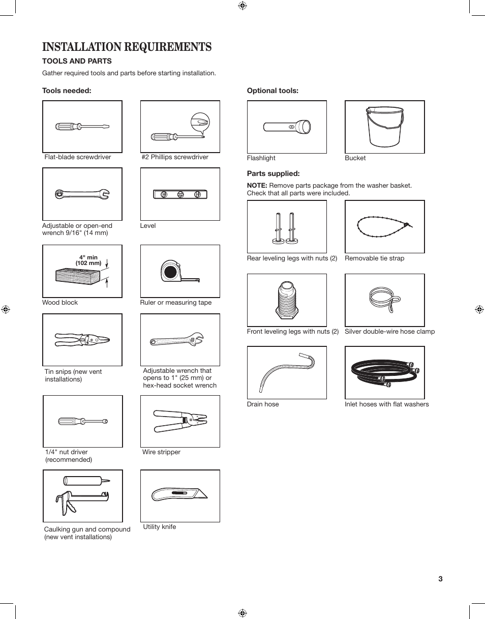 Installation requirements | Whirlpool LTE5243DQ User Manual | Page 3 / 24