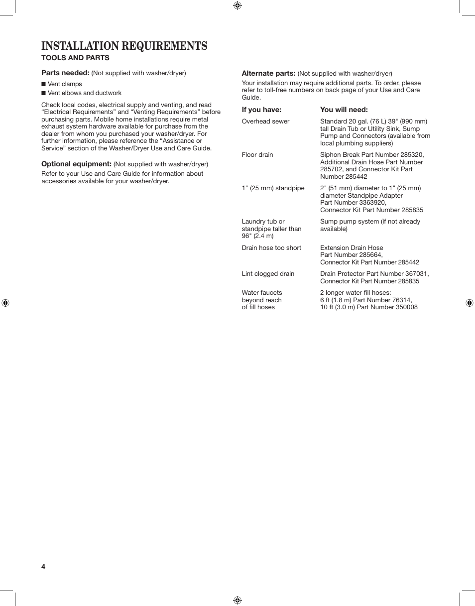 Installation requirements | Whirlpool LTE5243DQ User Manual | Page 4 / 24