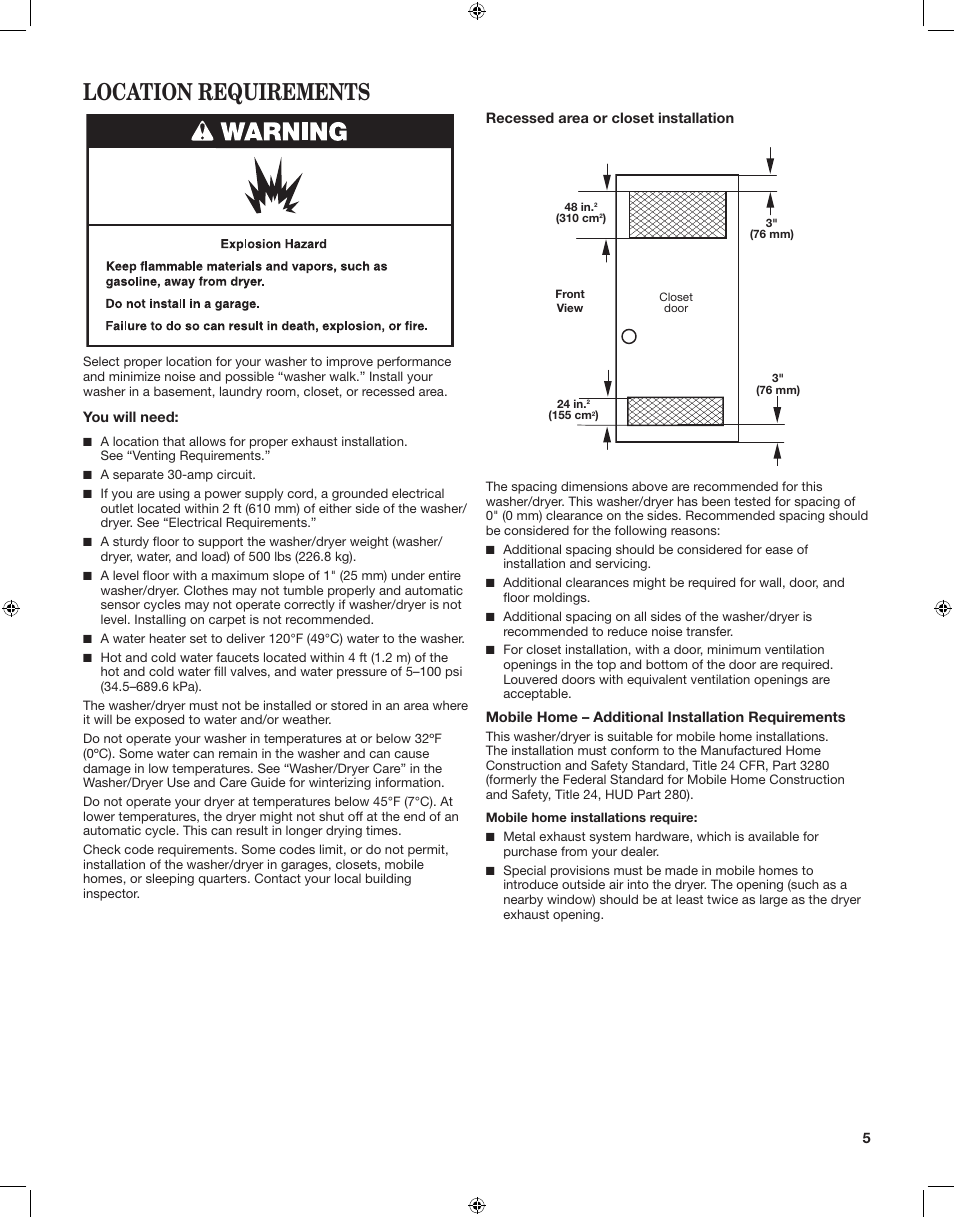 Location requirements | Whirlpool LTE5243DQ User Manual | Page 5 / 24