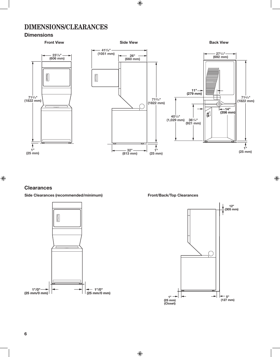 Dimensions/clearances, Dimensions clearances | Whirlpool LTE5243DQ User Manual | Page 6 / 24