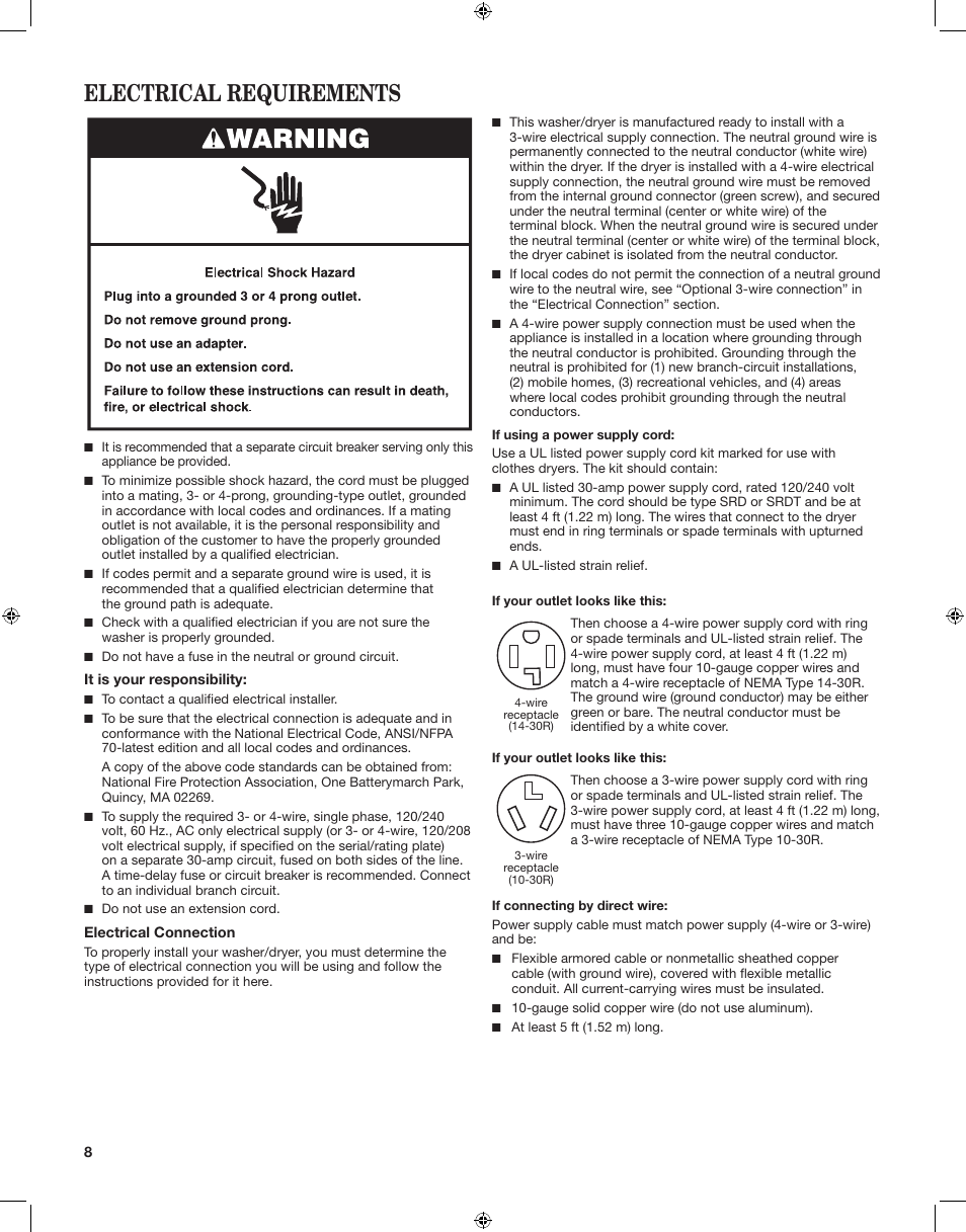 Electrical requirements | Whirlpool LTE5243DQ User Manual | Page 8 / 24