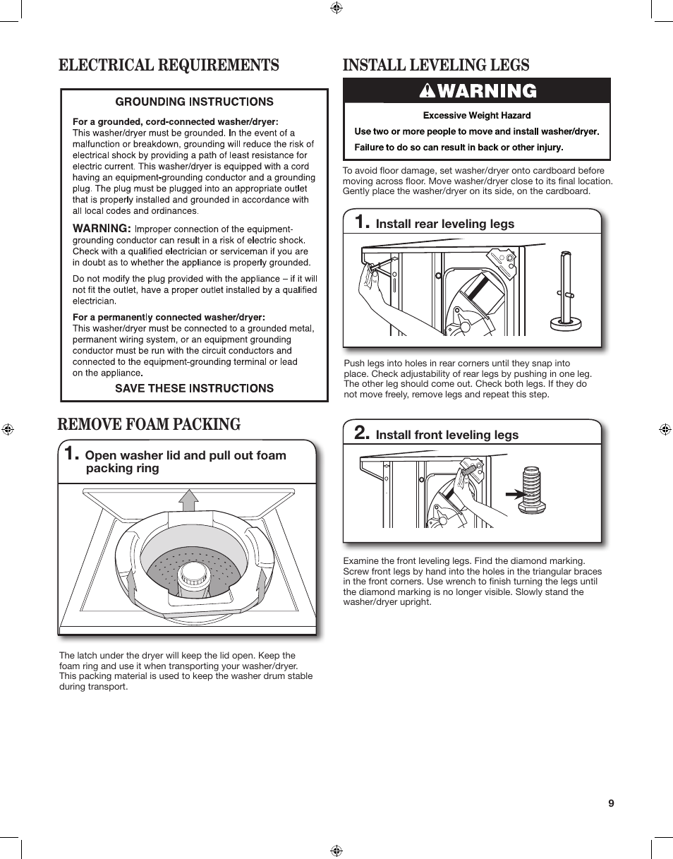 Electrical requirements, Remove foam packing, Install leveling legs | Whirlpool LTE5243DQ User Manual | Page 9 / 24