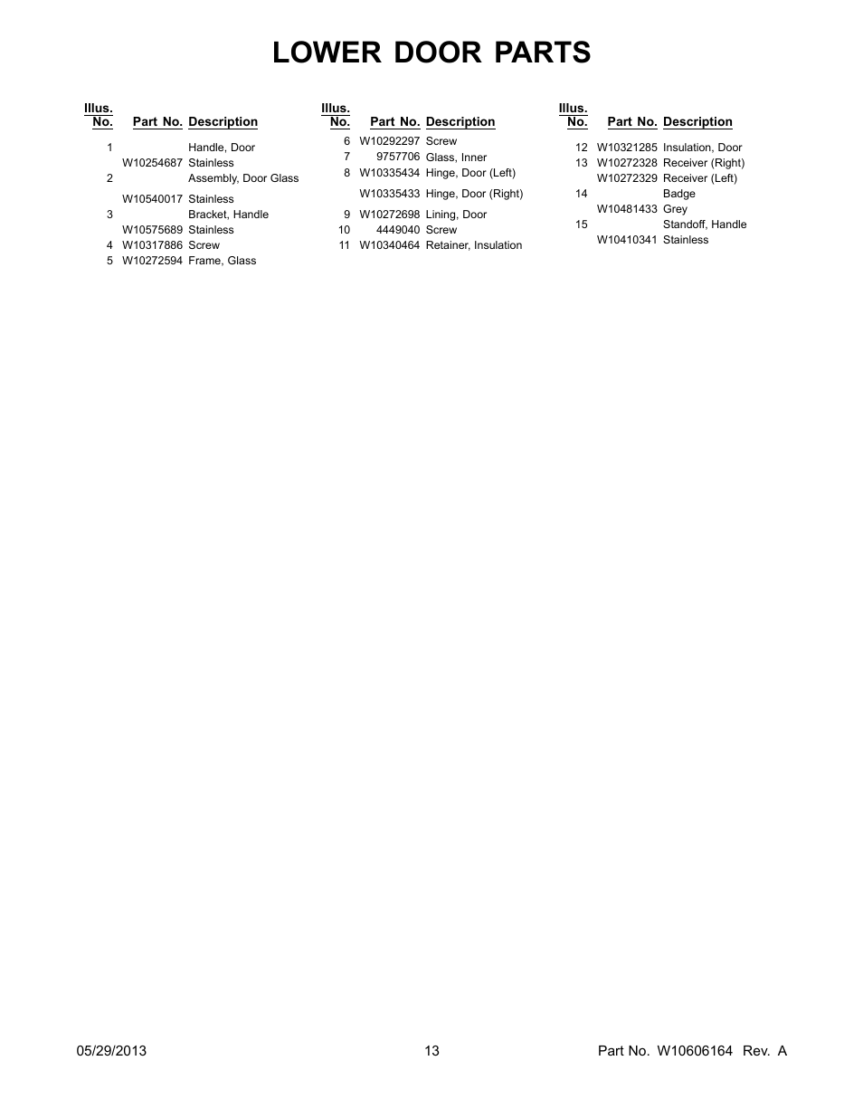 Lower door parts | Whirlpool WGI925C0BS User Manual | Page 13 / 14