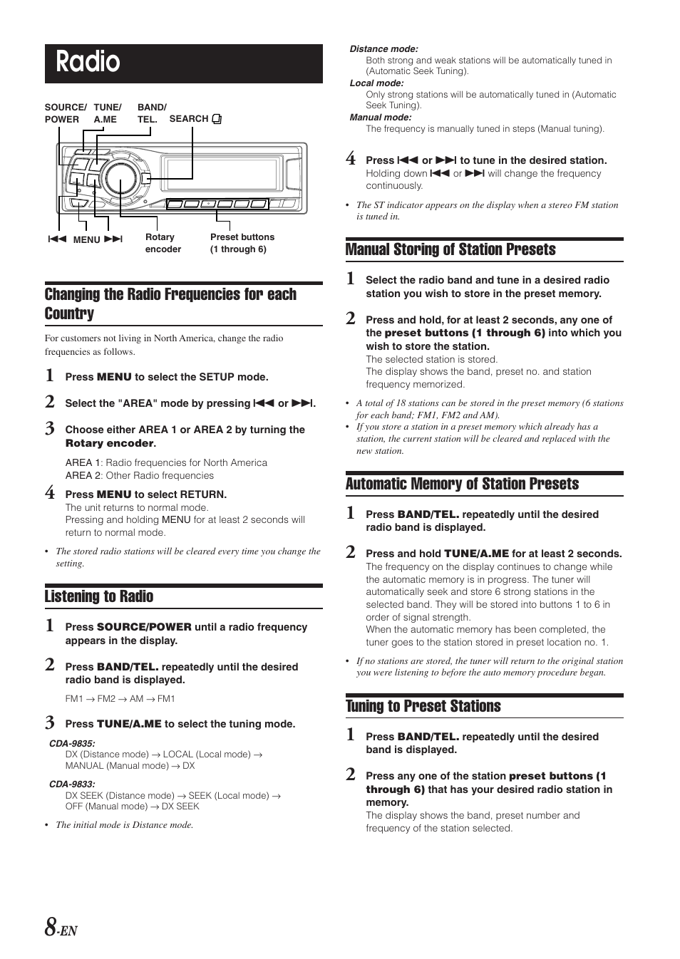 Radio, Changing the radio frequencies for each country, Listening to radio | Manual storing of station presets, Tuning to preset stations | Alpine CDA-9833 User Manual | Page 10 / 45