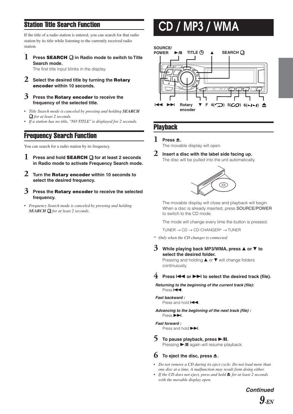 Cd / mp3 / wma, Playback, Station title search function | Frequency search function | Alpine CDA-9833 User Manual | Page 11 / 45