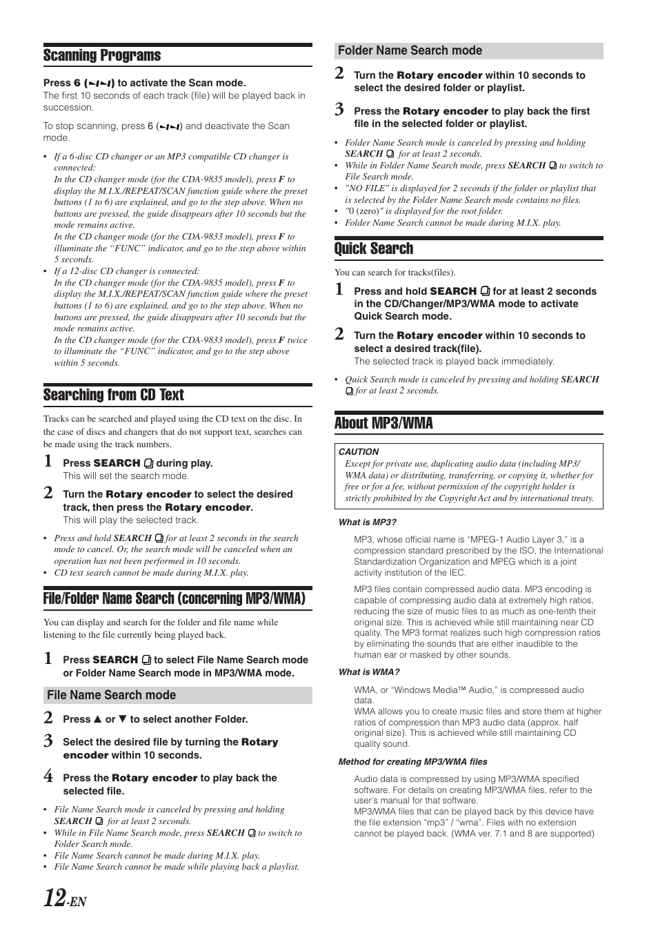 Scanning programs, Searching from cd text, File/folder name search (concerning mp3/wma) | Quick search, About mp3/wma | Alpine CDA-9833 User Manual | Page 14 / 45