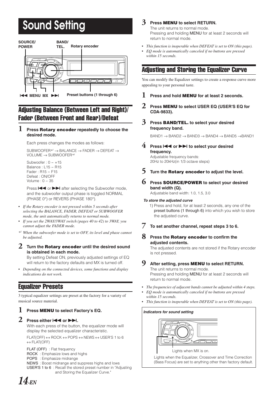 Sound setting, Adjusting and storing the equalizer curve, Equalizer presets | Alpine CDA-9833 User Manual | Page 16 / 45