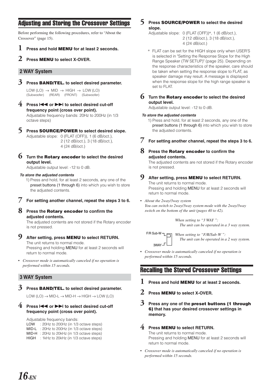 Recalling the stored crossover settings, Adjusting and storing the crossover settings | Alpine CDA-9833 User Manual | Page 18 / 45