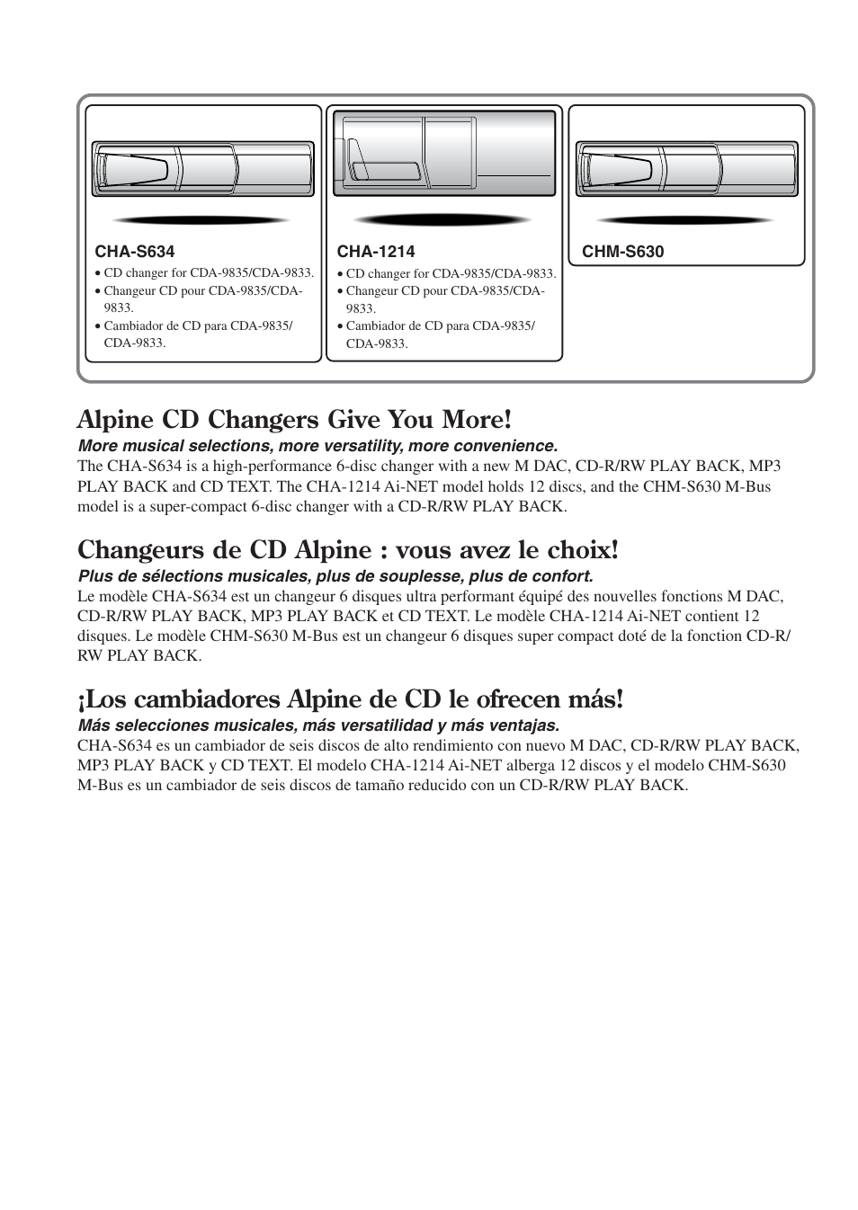 Alpine cd changers give you more, Changeurs de cd alpine : vous avez le choix, Los cambiadores alpine de cd le ofrecen más | Alpine CDA-9833 User Manual | Page 2 / 45