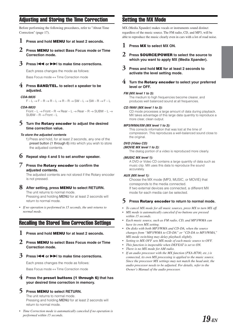 Adjusting and storing the time correction, Recalling the stored time correction settings, Setting the mx mode | Alpine CDA-9833 User Manual | Page 21 / 45