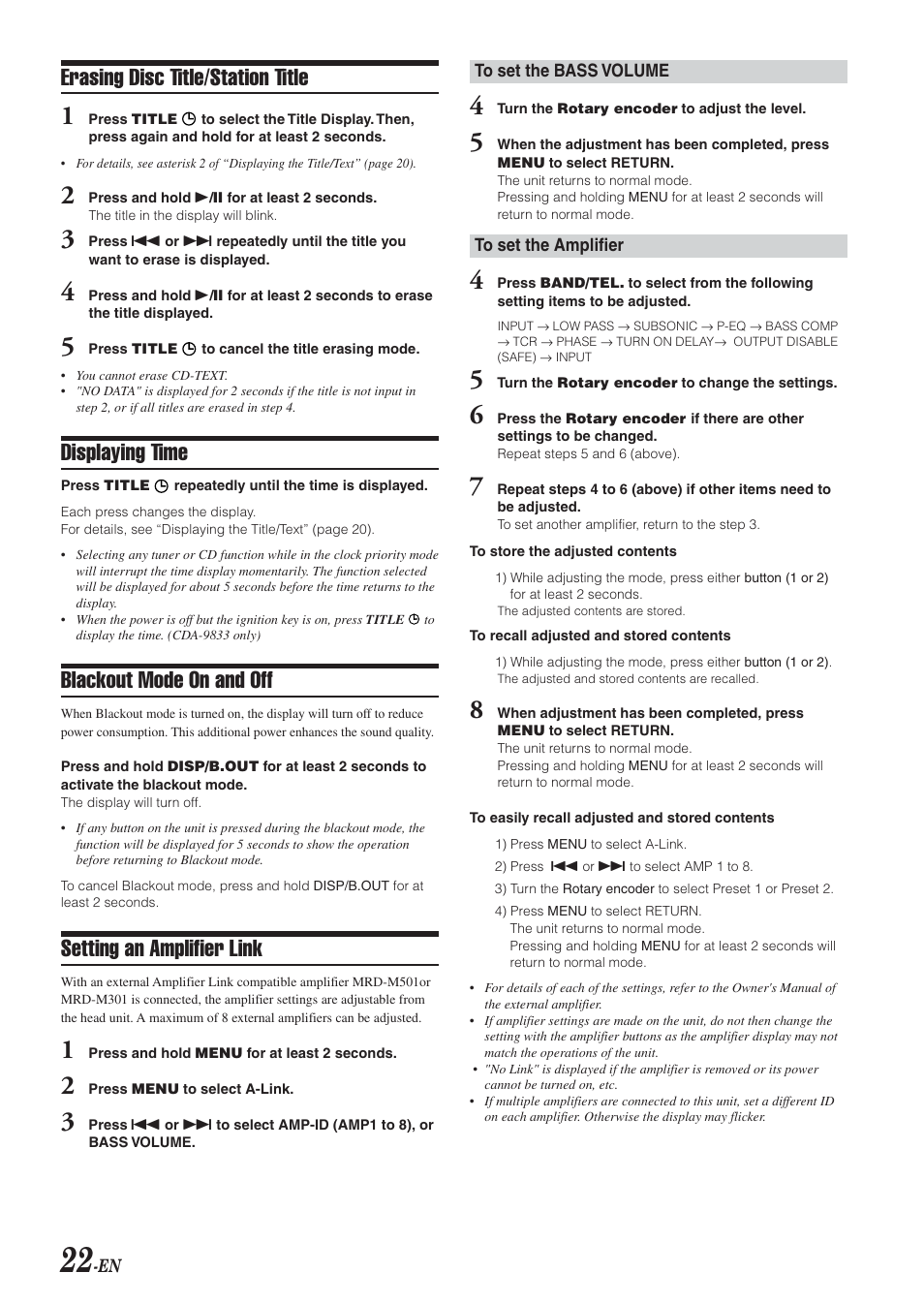 Erasing disc title/station title, Displaying time, Blackout mode on and off | Setting an amplifier link | Alpine CDA-9833 User Manual | Page 24 / 45