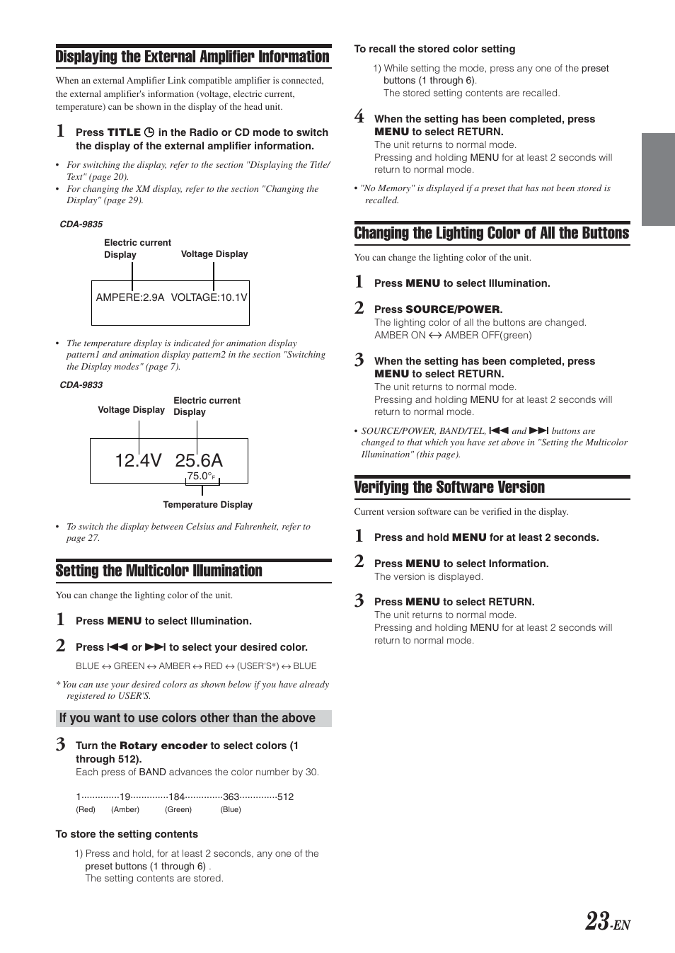 4v 25.6a, Displaying the external amplifier information, Setting the multicolor illumination | Changing the lighting color of all the buttons, Verifying the software version | Alpine CDA-9833 User Manual | Page 25 / 45