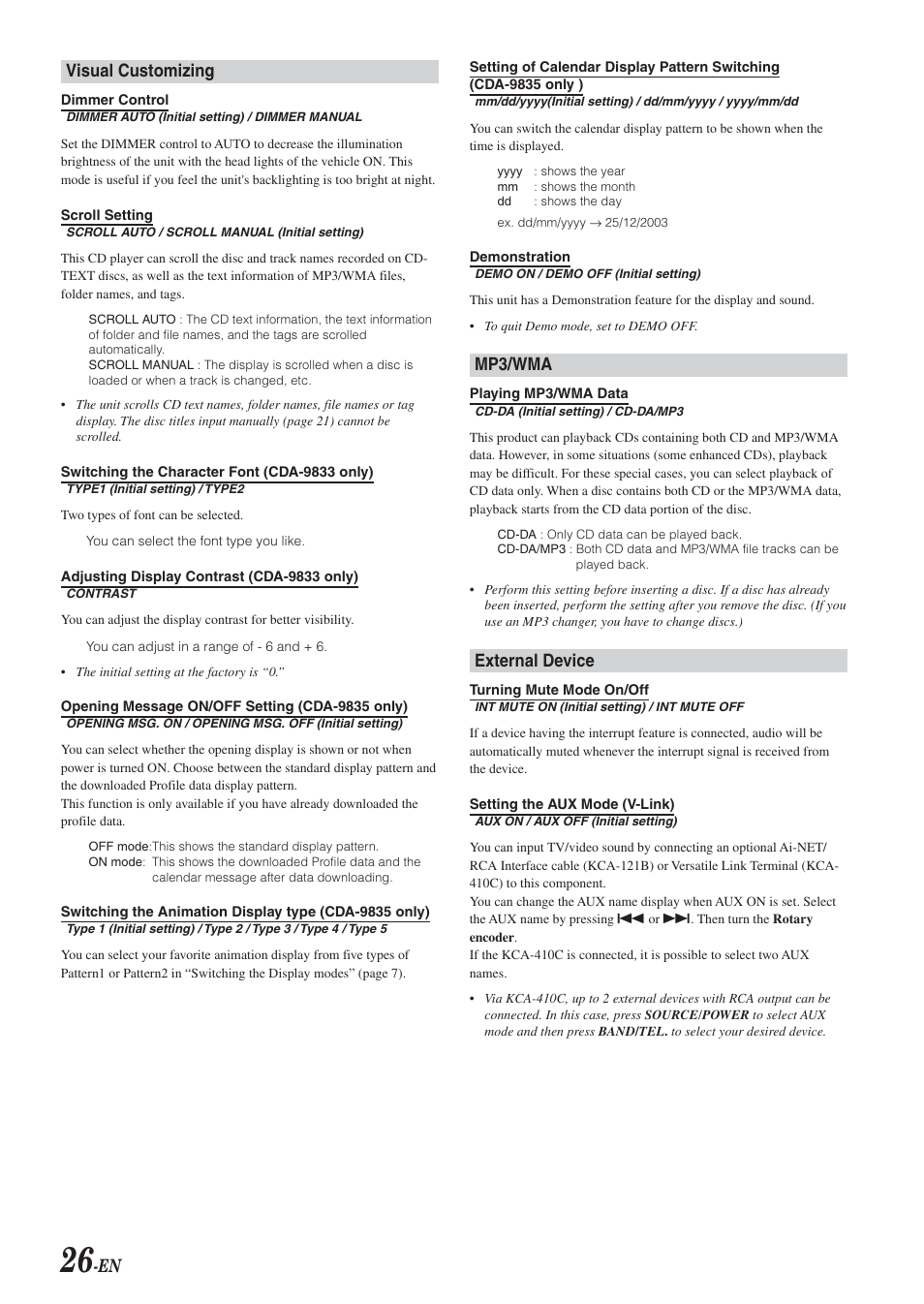 En visual customizing, Mp3/wma, External device | Alpine CDA-9833 User Manual | Page 28 / 45