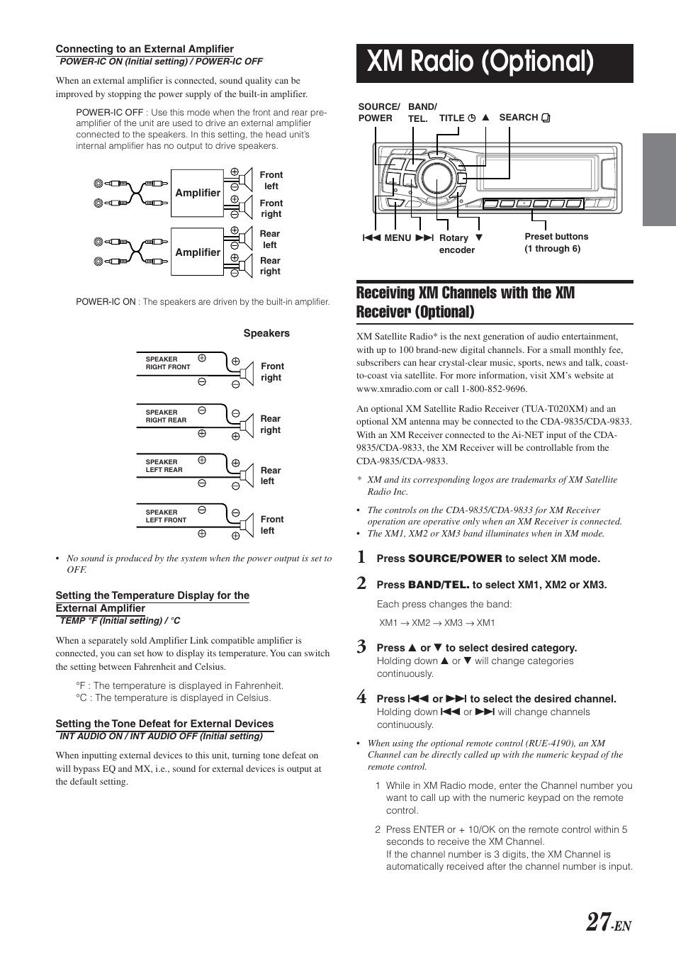 Xm radio (optional) | Alpine CDA-9833 User Manual | Page 29 / 45