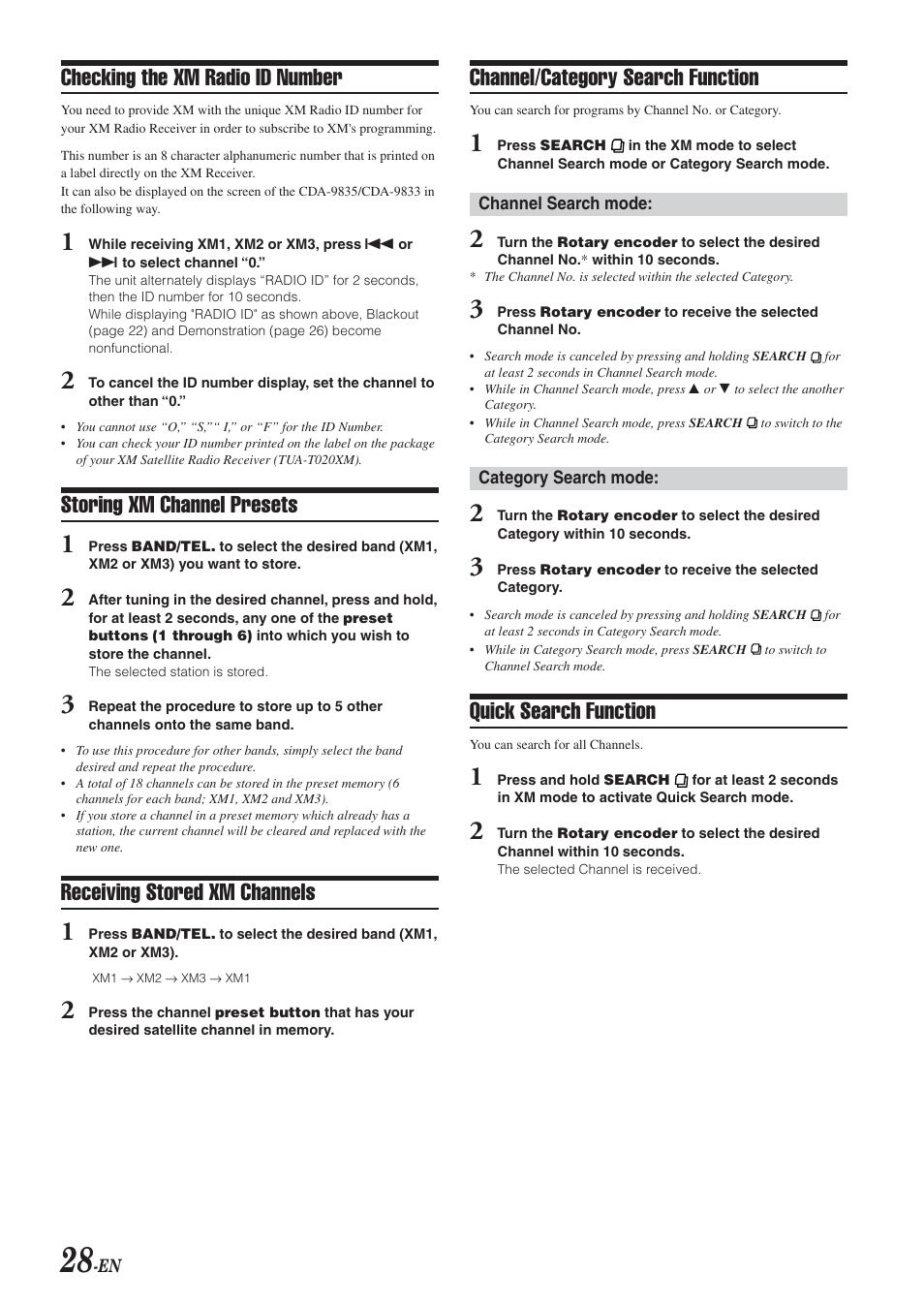 Checking the xm radio id number, Storing xm channel presets, Receiving stored xm channels | Channel/category search function, Quick search function | Alpine CDA-9833 User Manual | Page 30 / 45