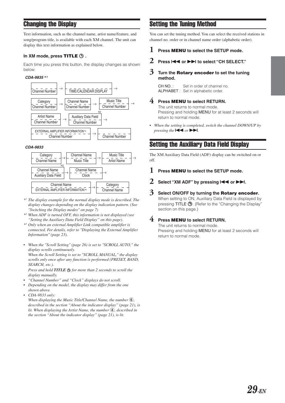 Setting the tuning method, Setting the auxiliary data field display, Changing the display | Alpine CDA-9833 User Manual | Page 31 / 45