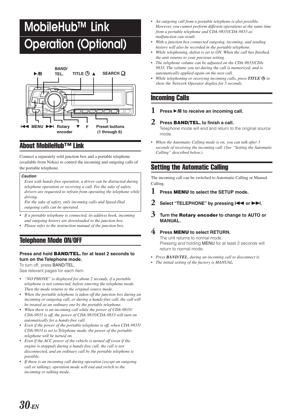 Mobilehub™ link operation (optional), About mobilehub™ link, Telephone mode on/off | Incoming calls, Setting the automatic calling | Alpine CDA-9833 User Manual | Page 32 / 45