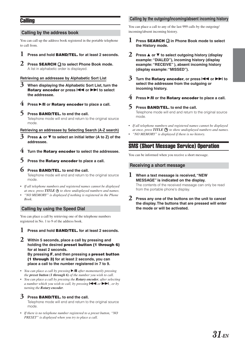 Sms (short message service) operation, Calling | Alpine CDA-9833 User Manual | Page 33 / 45