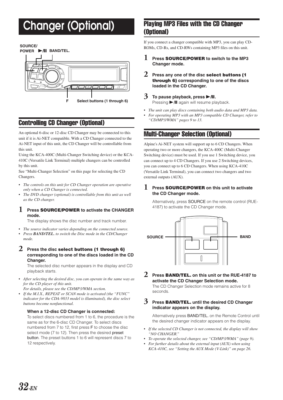 Changer (optional), Controlling cd changer (optional), Playing mp3 files with the cd changer (optional) | Multi-changer selection (optional) | Alpine CDA-9833 User Manual | Page 34 / 45