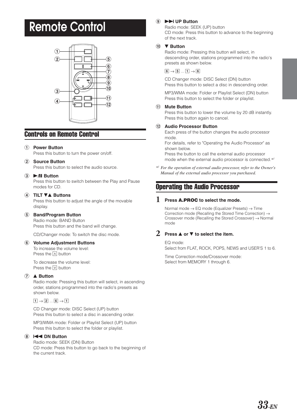 Remote control, Controls on remote control, Operating the audio processor | Alpine CDA-9833 User Manual | Page 35 / 45