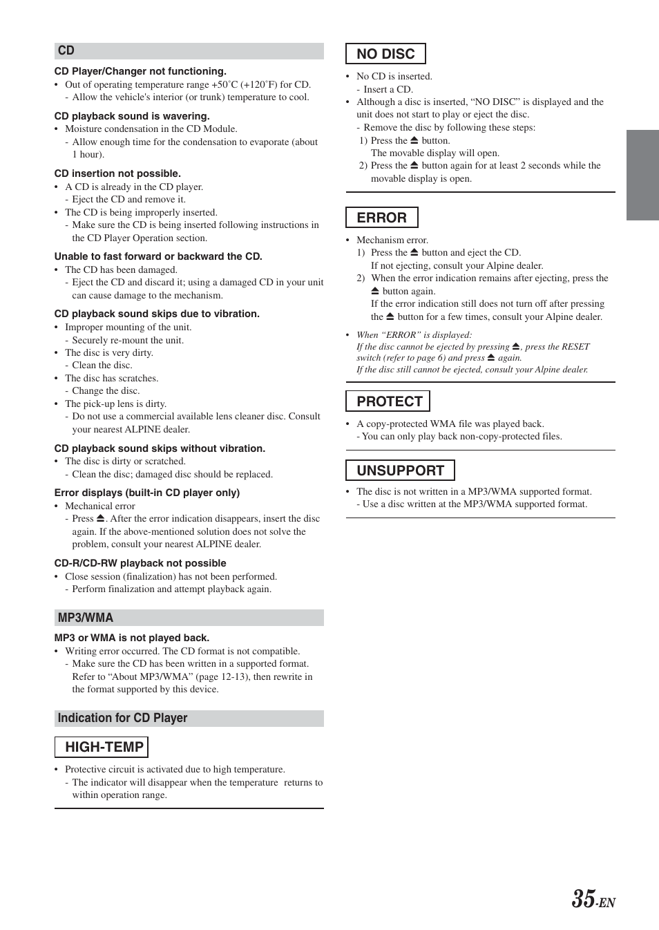 High-temp, No disc, Error | Protect, Unsupport | Alpine CDA-9833 User Manual | Page 37 / 45