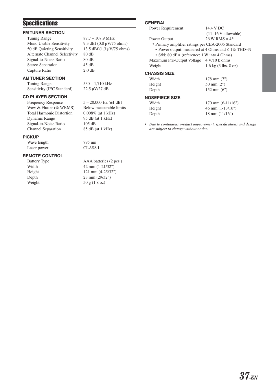 Specifications | Alpine CDA-9833 User Manual | Page 39 / 45
