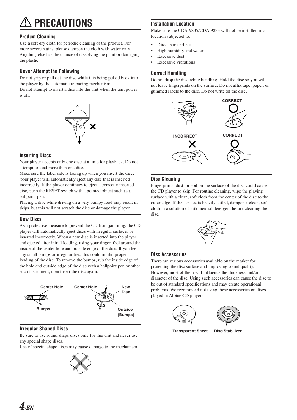 Precautions | Alpine CDA-9833 User Manual | Page 6 / 45