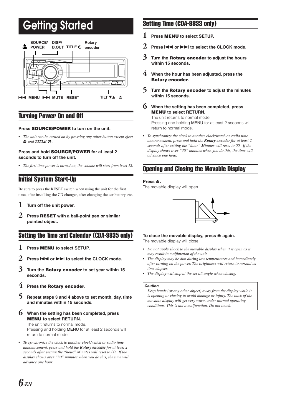 Getting started, Turning power on and off, Initial system start-up | Setting the time and calendar (cda-9835 only), Setting time (cda-9833 only), Opening and closing the movable display | Alpine CDA-9833 User Manual | Page 8 / 45