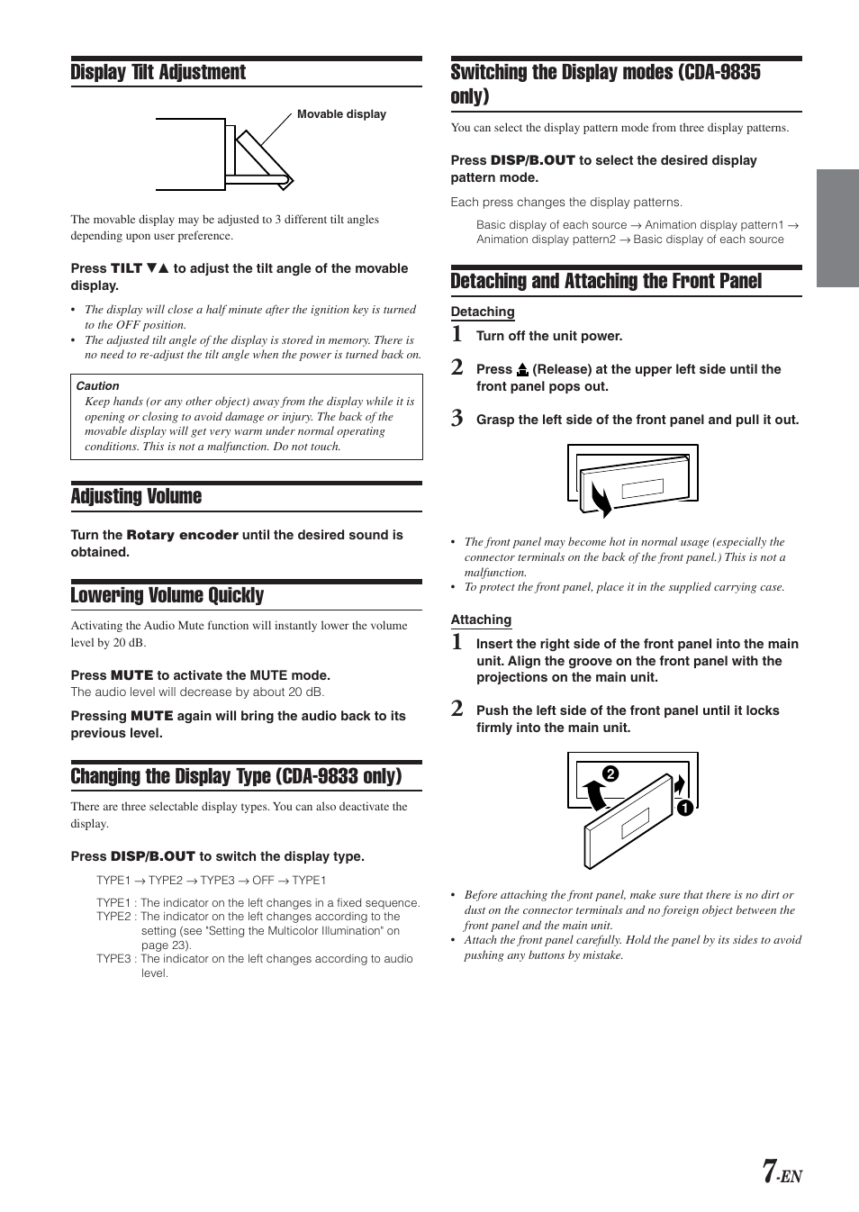 Display tilt adjustment, Adjusting volume, Lowering volume quickly | Changing the display type (cda-9833 only), Switching the display modes (cda-9835 only), Detaching and attaching the front panel | Alpine CDA-9833 User Manual | Page 9 / 45