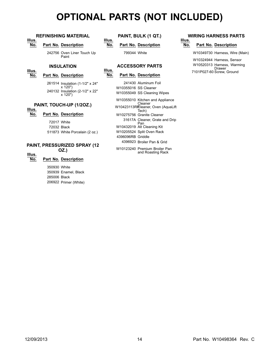 Optional, Optional parts (not included) | Whirlpool WFI910H0AS User Manual | Page 14 / 14