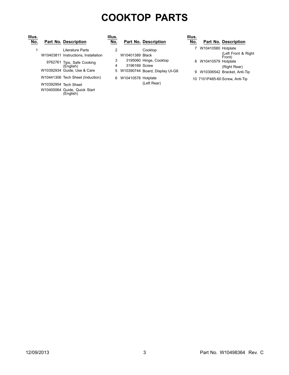 Literature, Cooktop parts | Whirlpool WFI910H0AS User Manual | Page 3 / 14