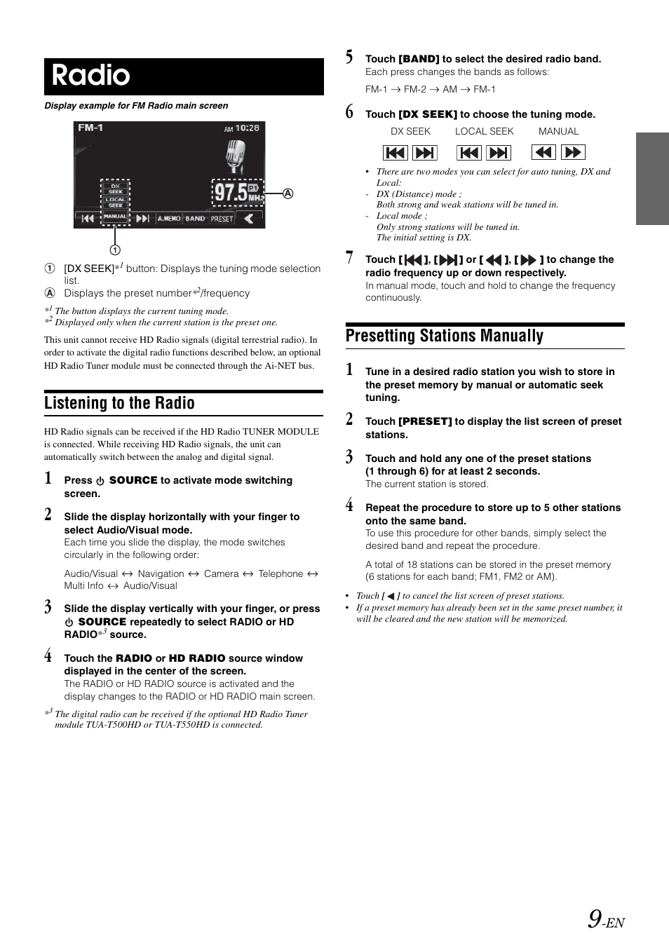 Radio, Listening to the radio, Presetting stations manually | Alpine IXA-W407 User Manual | Page 11 / 76