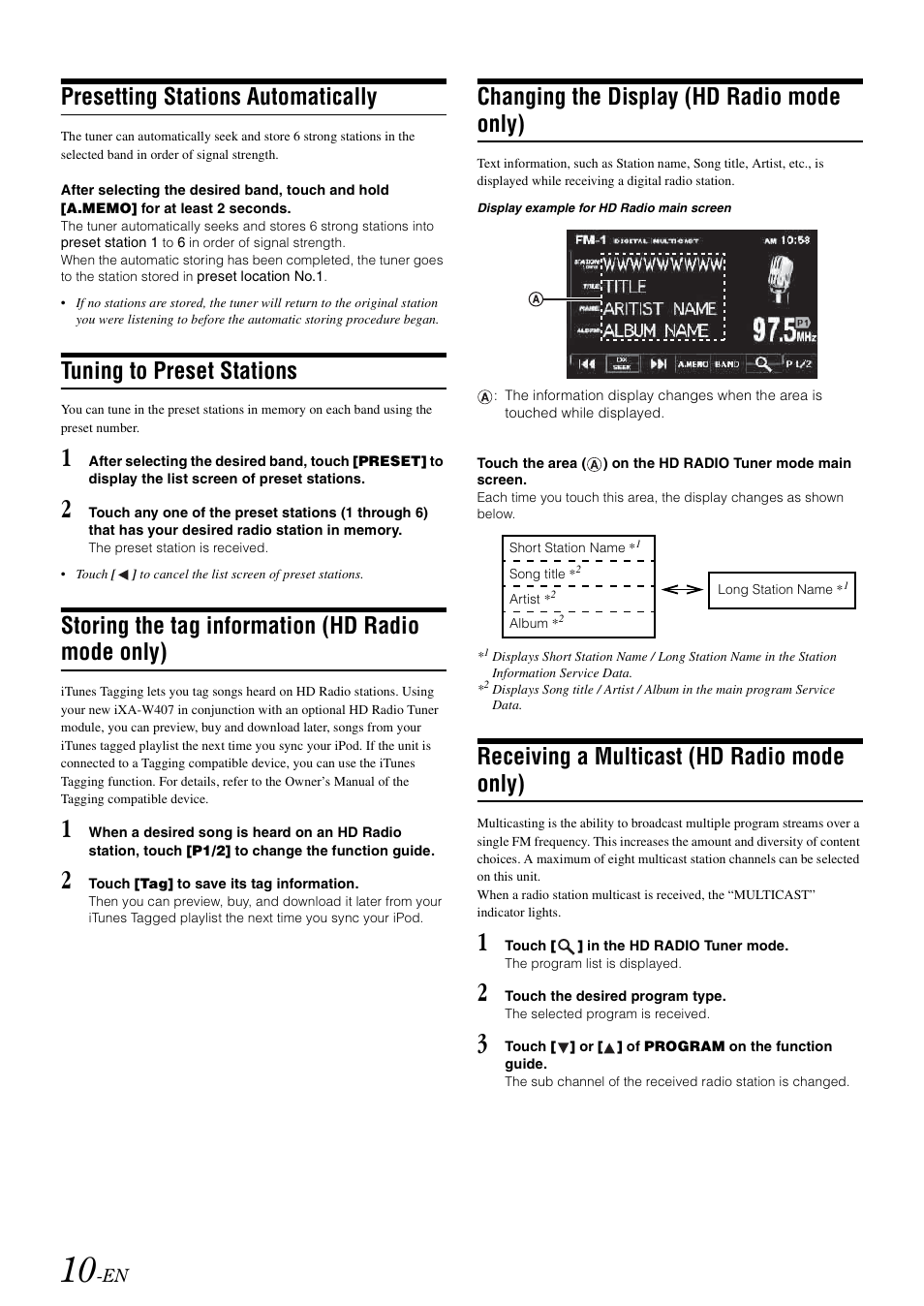 Presetting stations automatically, Tuning to preset stations, Storing the tag information (hd radio mode only) | Changing the display (hd radio mode only), Receiving a multicast (hd radio mode only), Storing the tag information, Hd radio mode only), Changing the display, Receiving a multicast | Alpine IXA-W407 User Manual | Page 12 / 76