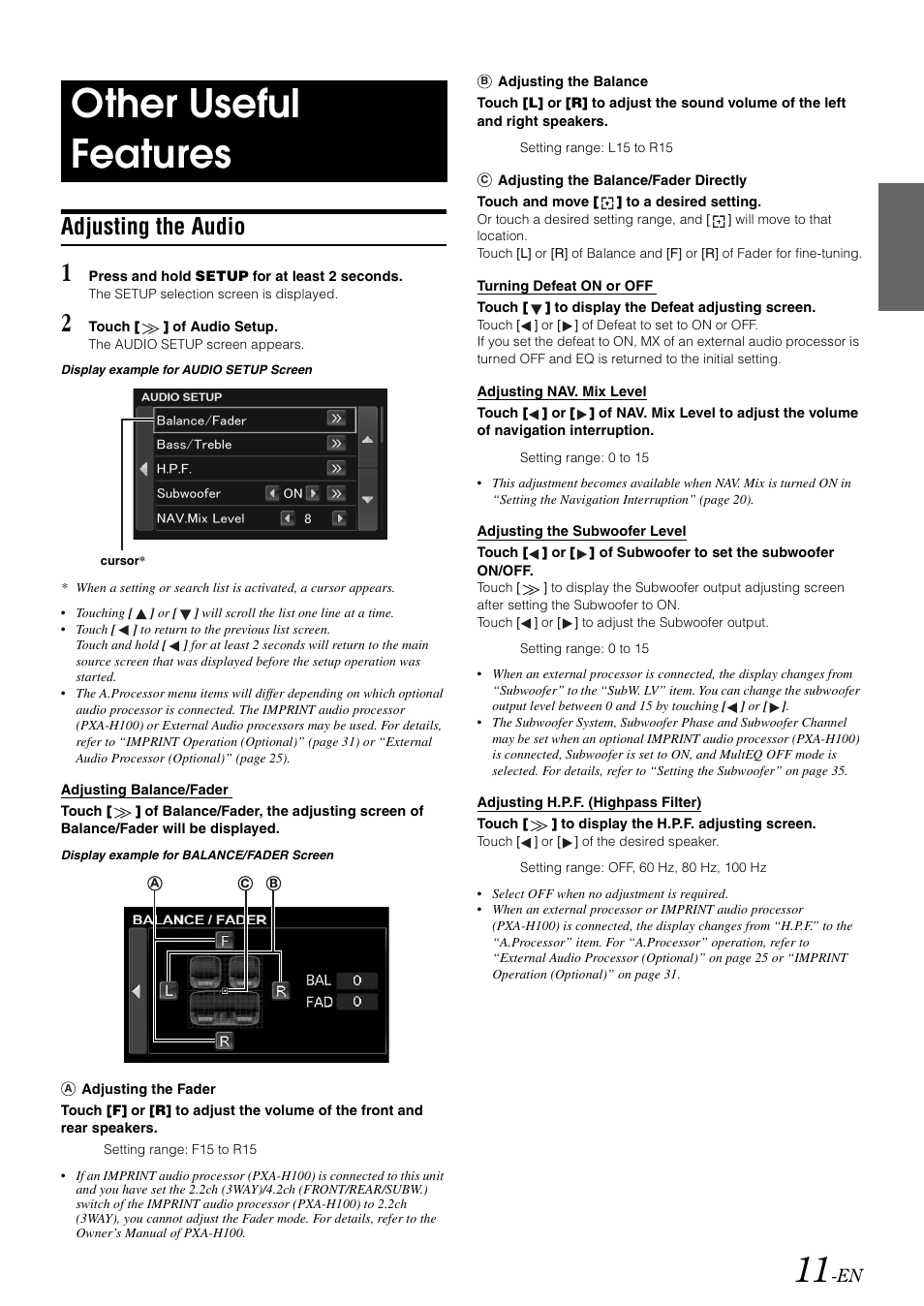 Other useful features, Adjusting the audio | Alpine IXA-W407 User Manual | Page 13 / 76