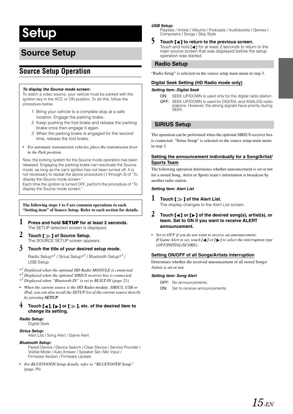 Setup, Source setup, Source setup operation | Radio setup, Sirius setup, Radio setup sirius setup | Alpine IXA-W407 User Manual | Page 17 / 76