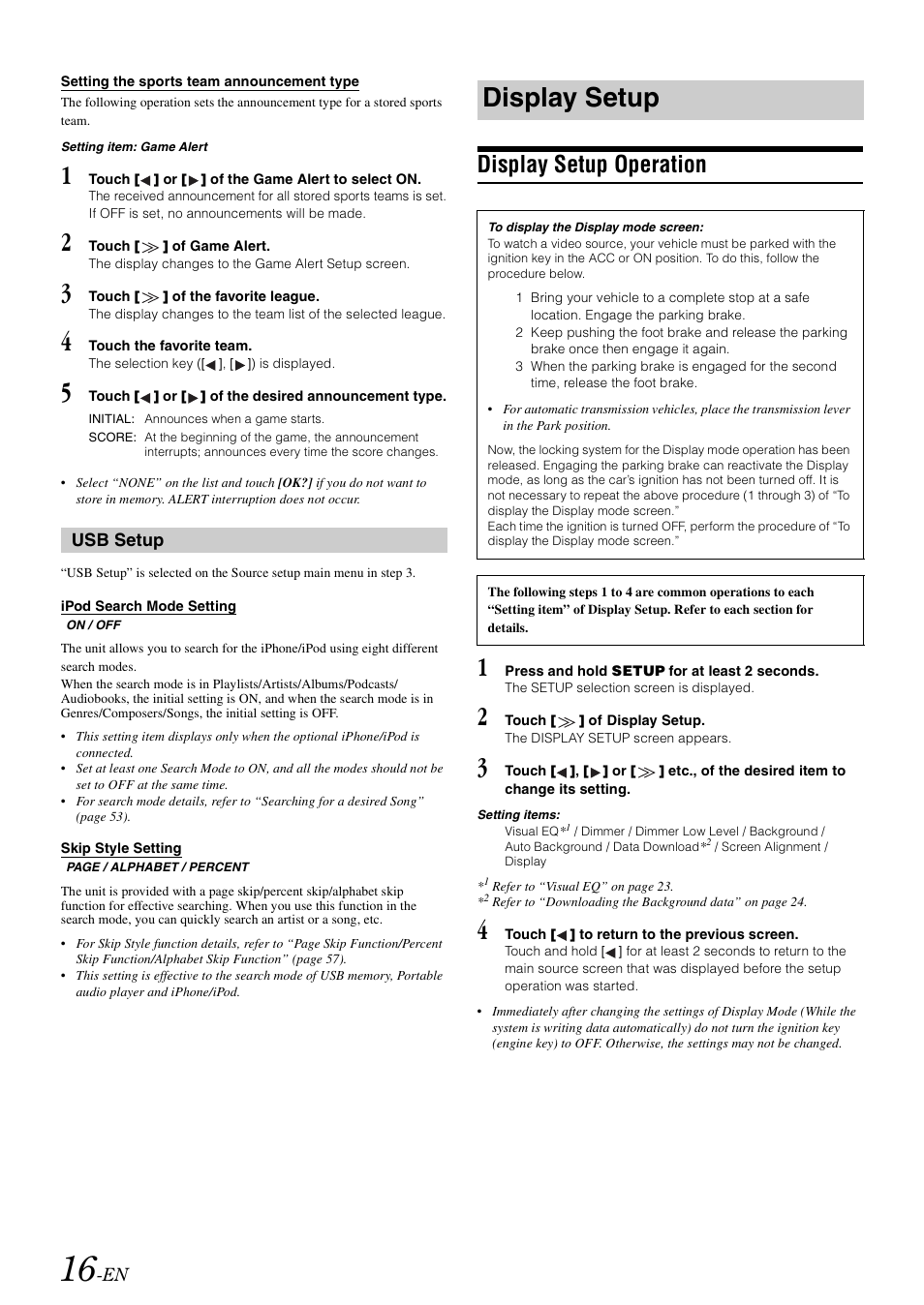 Usb setup, Display setup, Display setup operation | Alpine IXA-W407 User Manual | Page 18 / 76