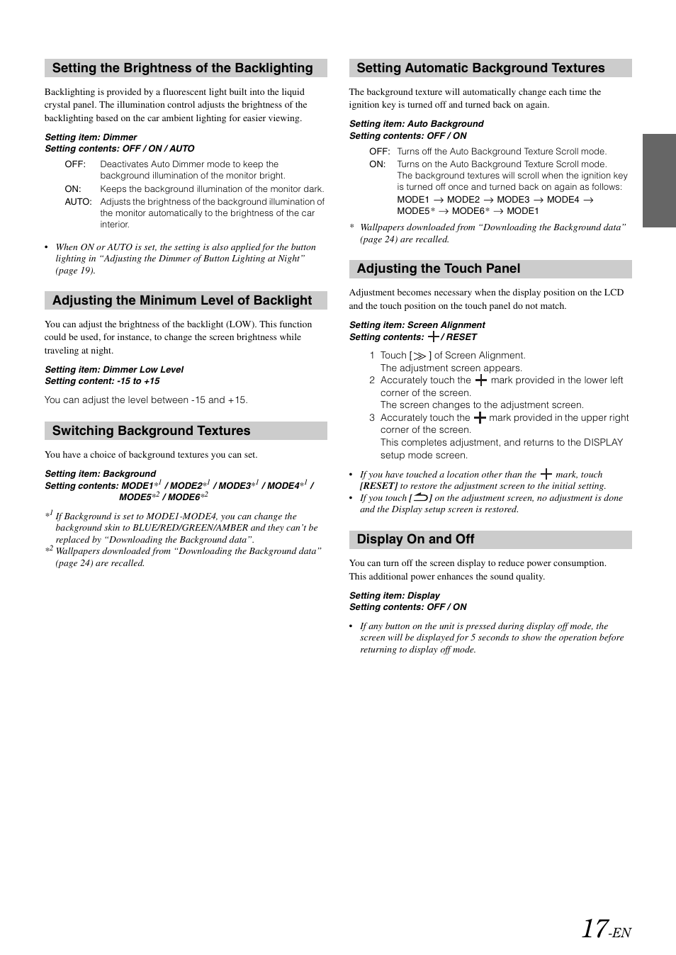 Setting the brightness of the backlighting, Adjusting the minimum level of backlight, Switching background textures | Setting automatic background textures, Adjusting the touch panel, Display on and off, Setting the brightness of the, Backlighting, Adjusting the minimum level, Of backlight | Alpine IXA-W407 User Manual | Page 19 / 76