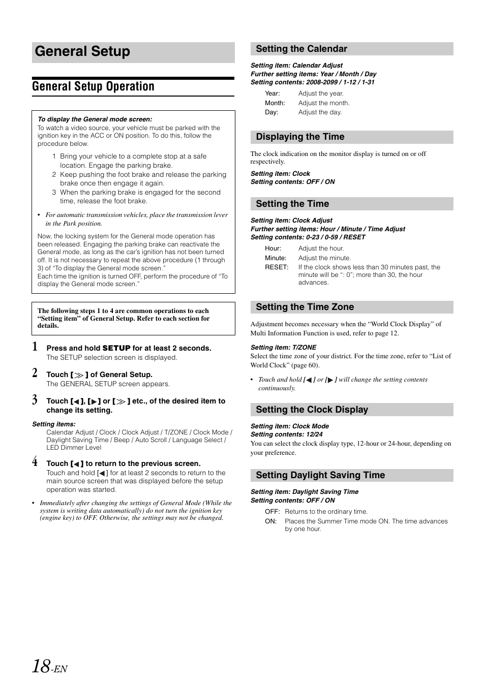 General setup, General setup operation, Setting the calendar | Displaying the time, Setting the time, Setting the time zone, Setting the clock display, Setting daylight saving time, Displaying the time setting the time | Alpine IXA-W407 User Manual | Page 20 / 76