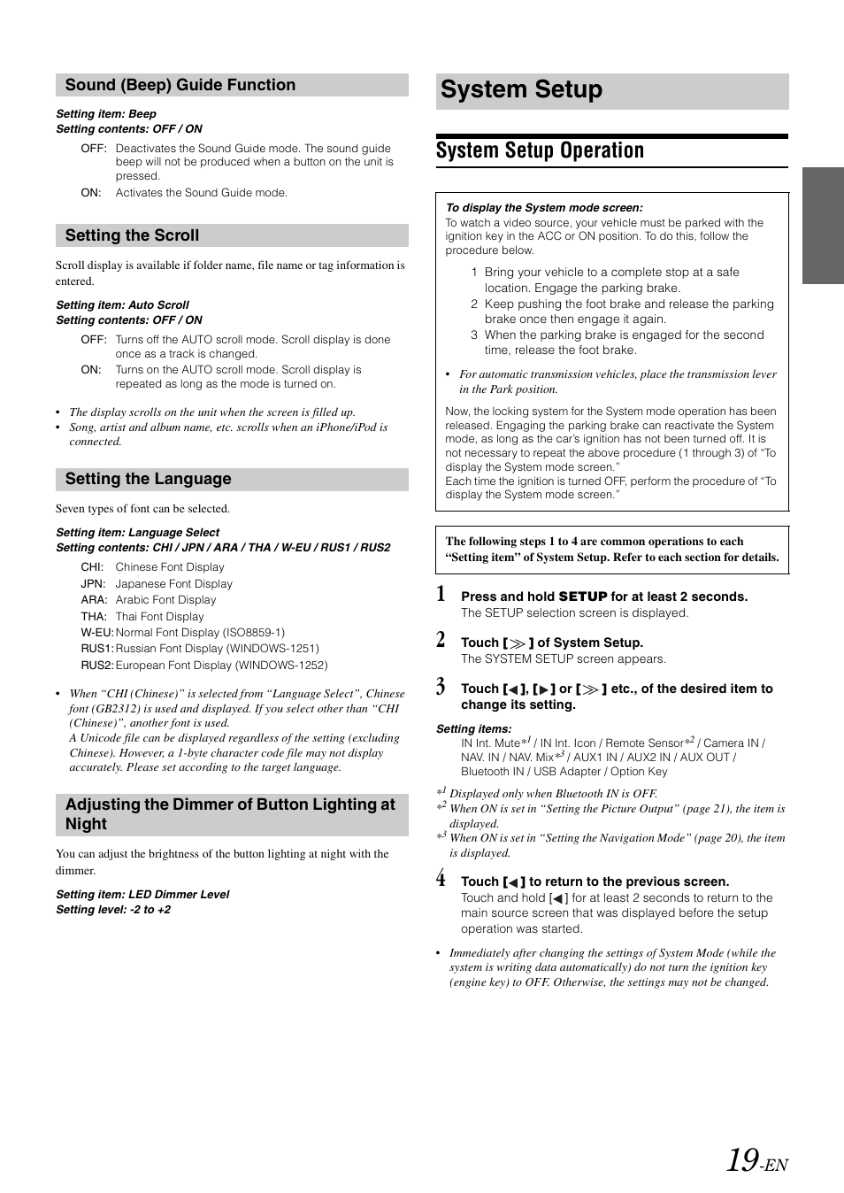 Sound (beep) guide function, Setting the scroll, Setting the language | Adjusting the dimmer of button lighting at night, System setup, System setup operation, At night | Alpine IXA-W407 User Manual | Page 21 / 76