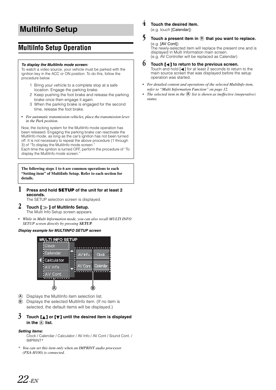 Multiinfo setup, Multiinfo setup operation | Alpine IXA-W407 User Manual | Page 24 / 76