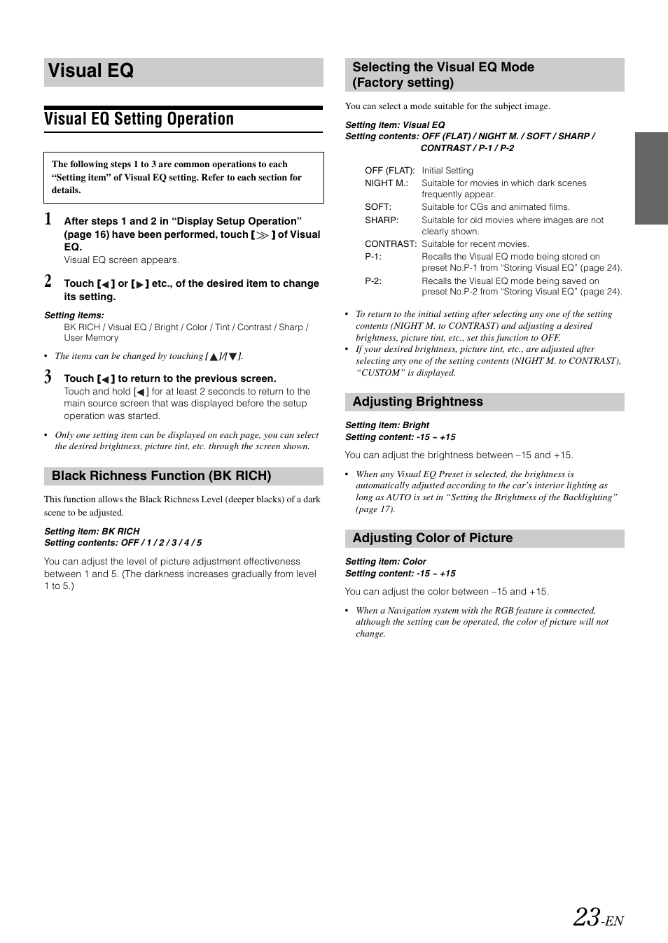 Visual eq, Visual eq setting operation, Black richness function (bk rich) | Selecting the visual eq mode (factory setting), Adjusting brightness, Adjusting color of picture, Factory setting), Adjusting brightness adjusting color of picture | Alpine IXA-W407 User Manual | Page 25 / 76