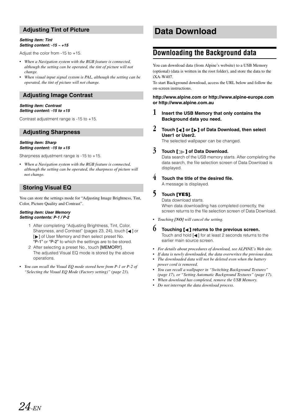 Adjusting tint of picture, Adjusting image contrast, Adjusting sharpness | Storing visual eq, Data download, Downloading the background data | Alpine IXA-W407 User Manual | Page 26 / 76