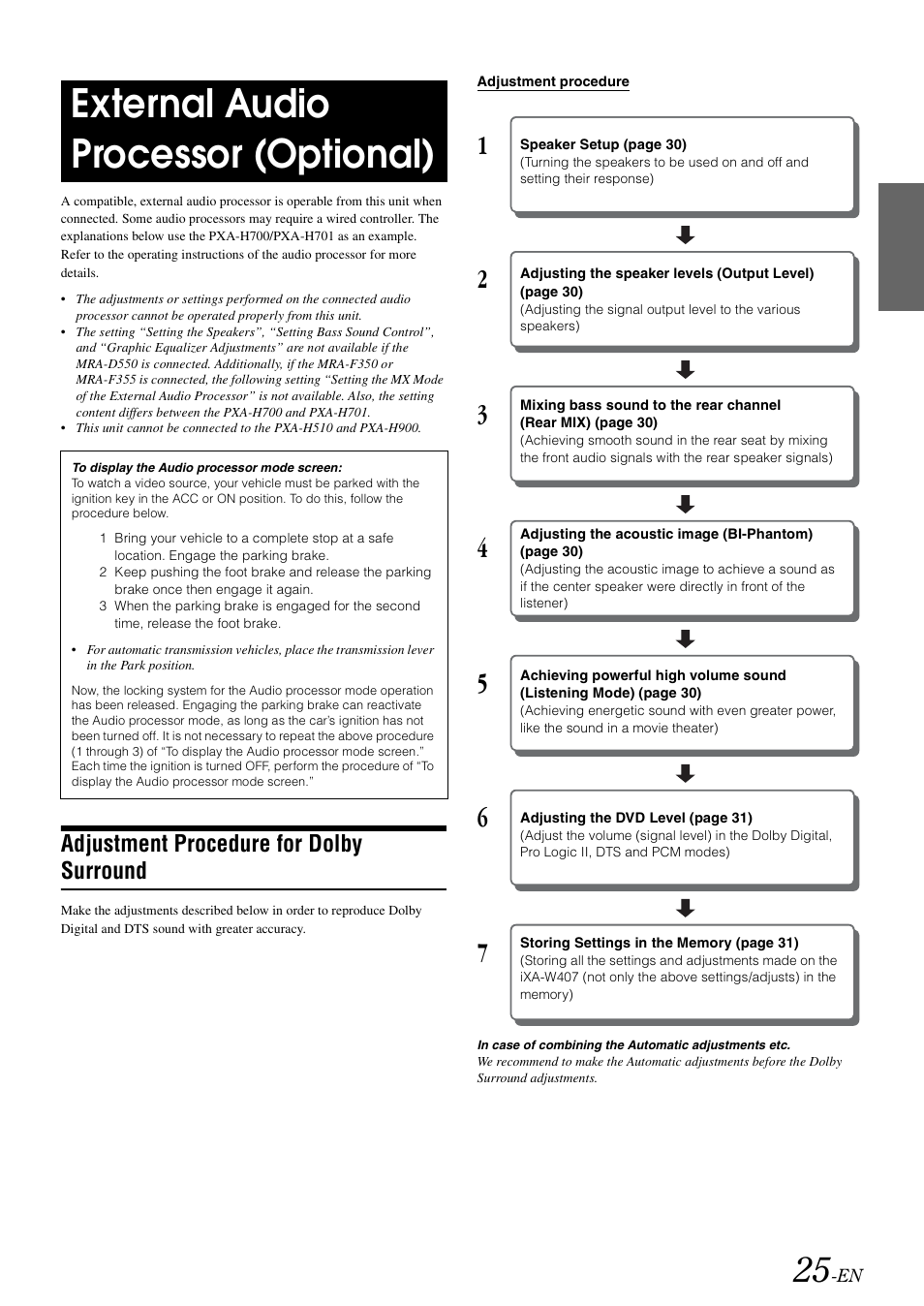 External audio processor (optional), Adjustment procedure for dolby surround, Adjustment procedure for dolby | Surround | Alpine IXA-W407 User Manual | Page 27 / 76