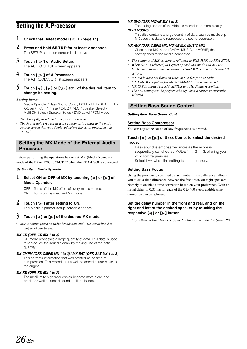 Setting the a.processor, Setting bass sound control | Alpine IXA-W407 User Manual | Page 28 / 76