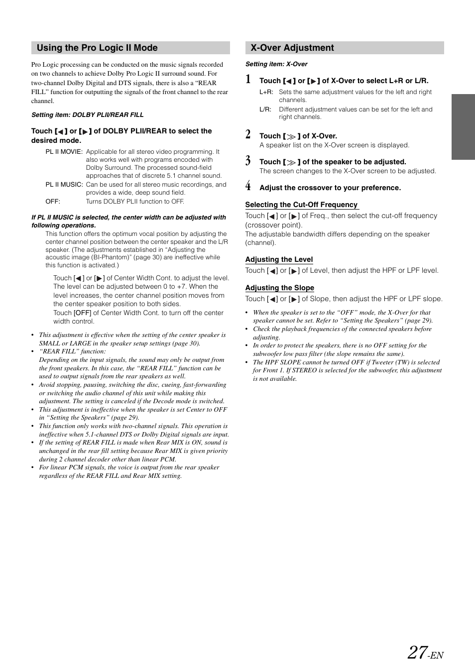 Using the pro logic ii mode, X-over adjustment | Alpine IXA-W407 User Manual | Page 29 / 76