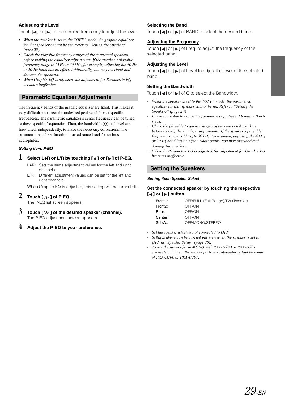 G “setting the speakers, Parametric equalizer adjustments, Setting the speakers | Alpine IXA-W407 User Manual | Page 31 / 76